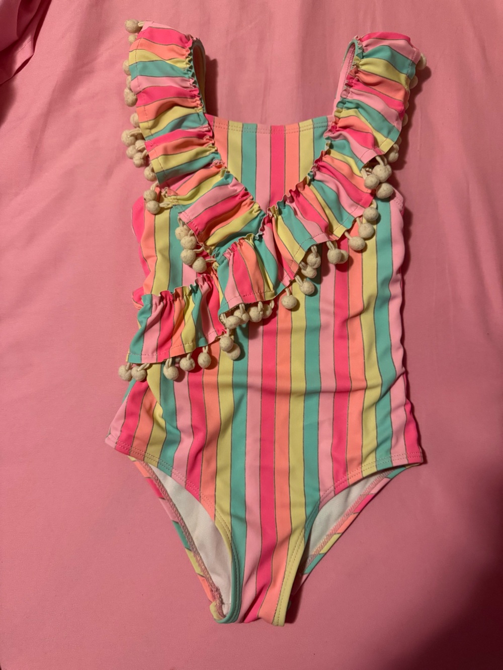 Nicole Miller Girls' Multicolor Stripe Pom-Pom One-Piece Swimsuit